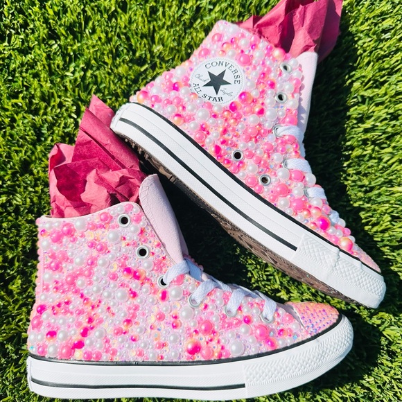 Kids Converse All Star | Custom Pearl & Pink Gem Design | Size 1 - Picture 1 of 4